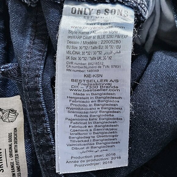 Only & Sons Jeans Men 30x32 (31) Blue Button Fly Skinny Cotton 22005280 Preppy - Picture 12 of 16